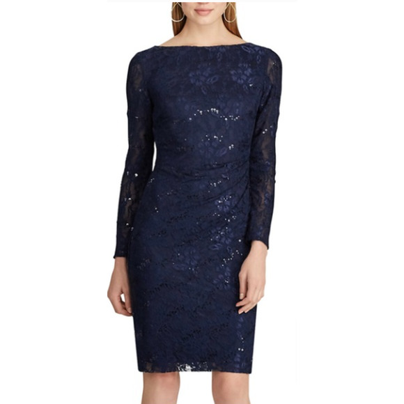 CHAPS Sequin Lace Sheath Dress Navy Size 6 - Picture 1 of 10